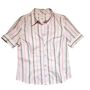 Tommy Hilfiger White Pink Tan Striped Button-Up Shirt 100% Cotton Size 8